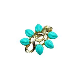 Vintage Mid Century Aqua Blue Leaf Gold Tone Pin Brooch Statement Pin